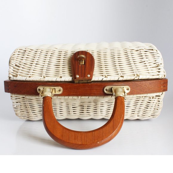 Simon Mr. Ernest White Wicker Bag with Brown Wood Trim Purse 60s Retro - Picture 8 of 10